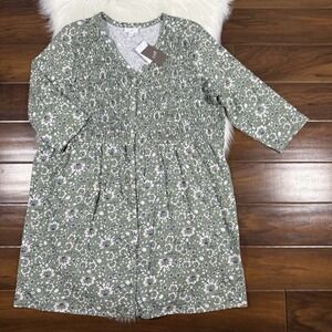 J. Jill Women's Size Petite XL XLP Green Floral Smocked Button Front Knit Dress